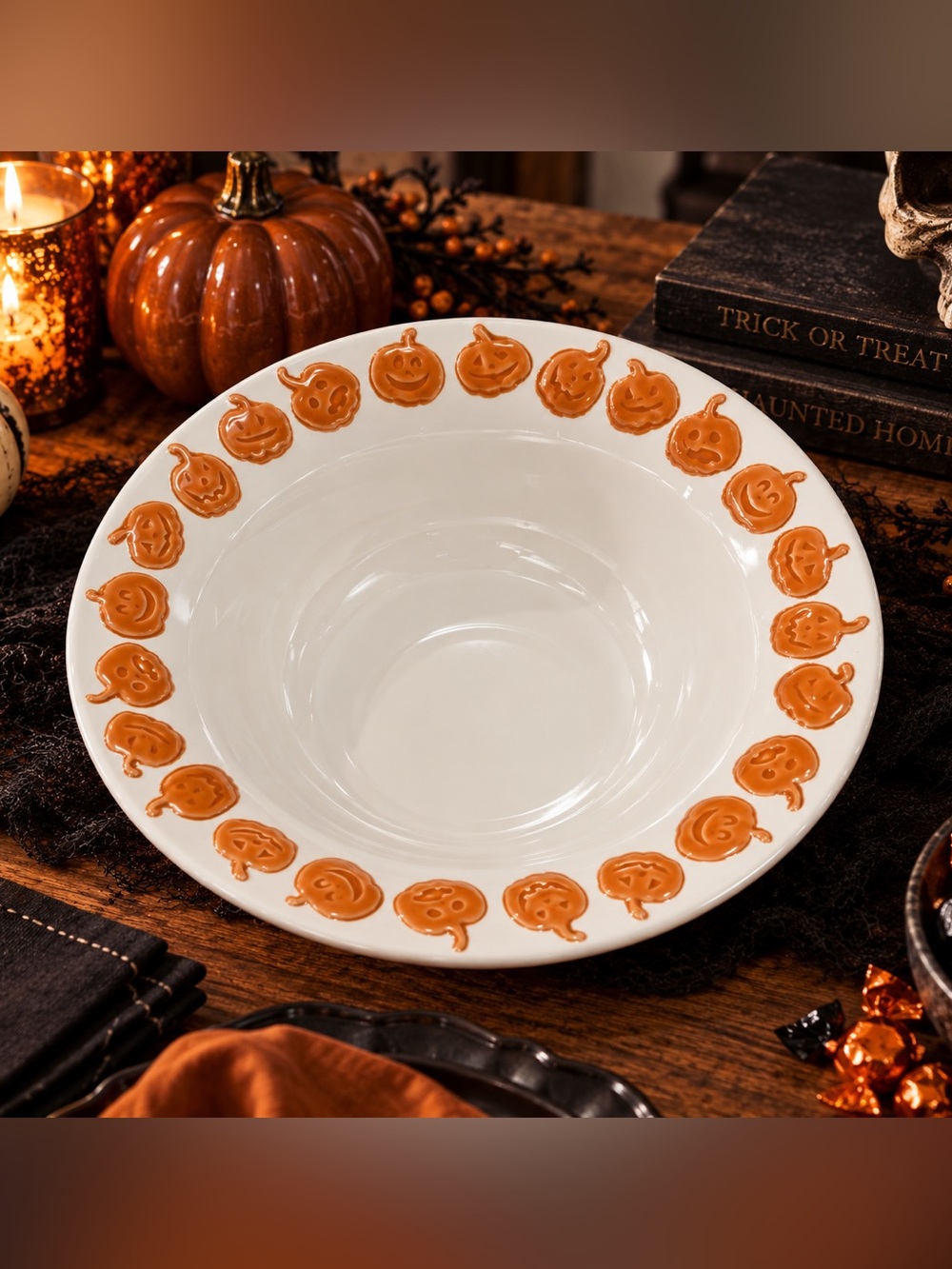 Pottery Barn Large White Ceramic Bowl with Orange Pumpkin Border